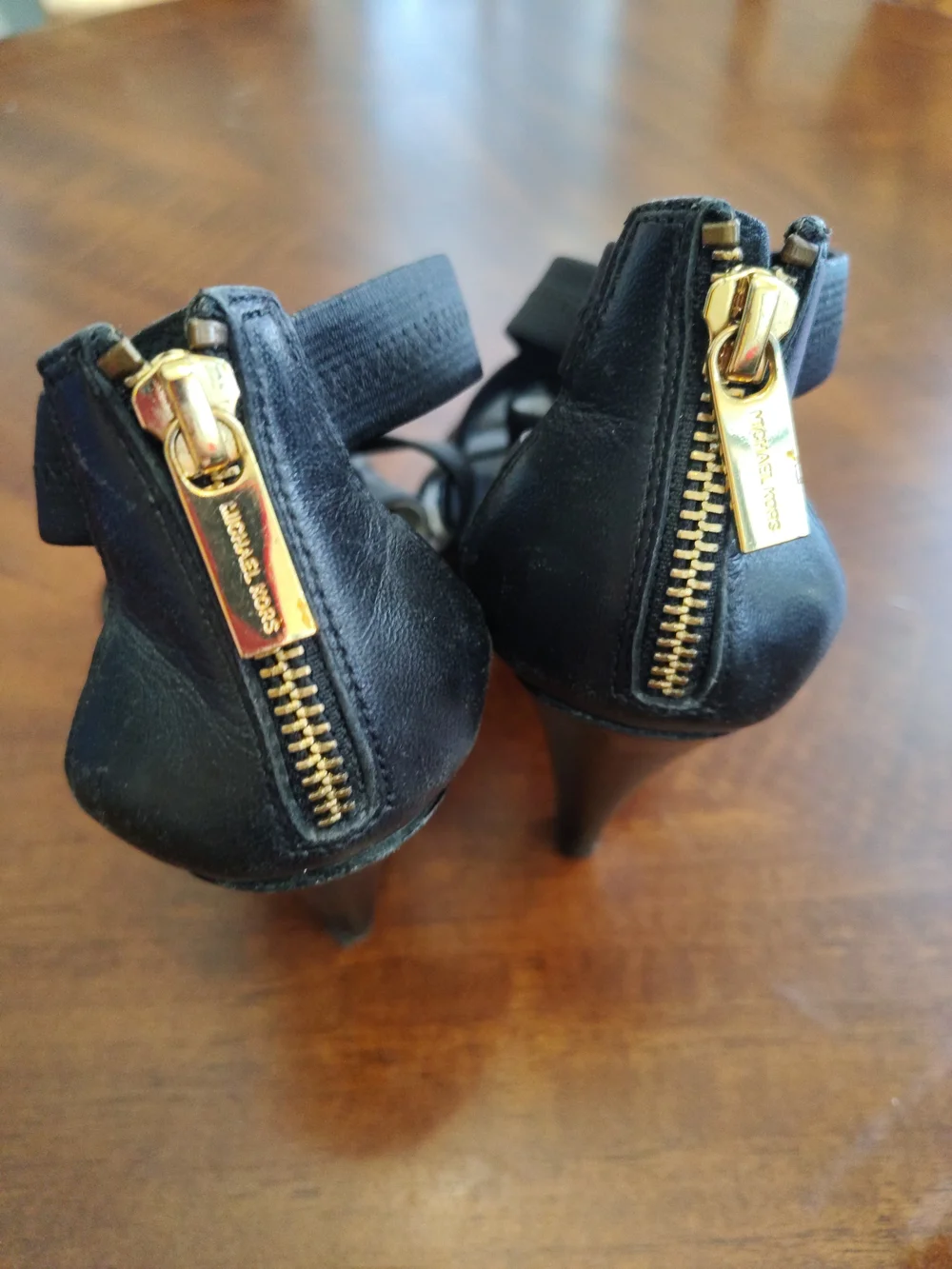 Michael Kors Black Leather Strappy Sandals Gold Zipper MK‎ Logo Cone Heels